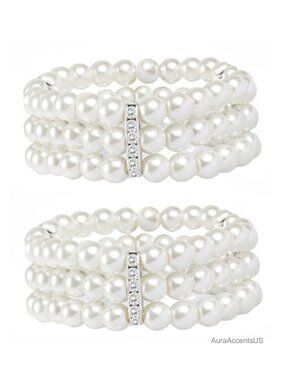 1920s Flapper Imitation Pearl Stretch Bracelet Set 3-Rows Multi-Layer Elastic